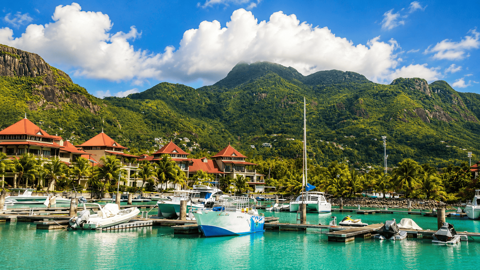 Panorama of Eden Island marina island, Seychelles